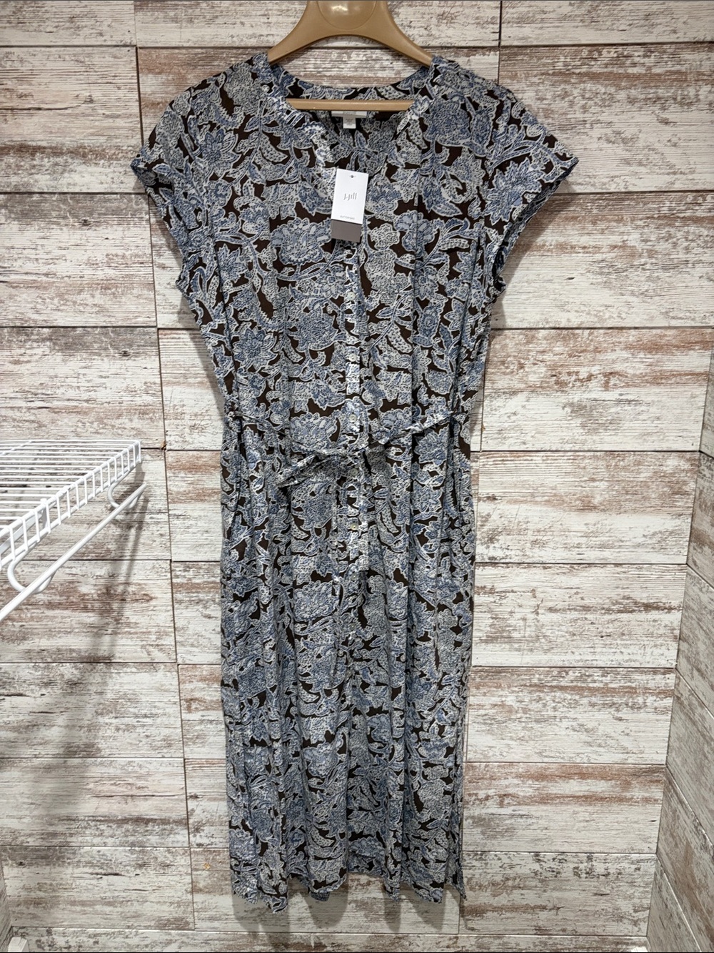 J. Jill Blue and Brown Floral Tie-Waist Midi Dress